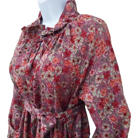 Vintage 80s Neil's Apparel Floral Shift Dress L(12) Pockets Ruffles Bow Belt - Picture 4 of 11